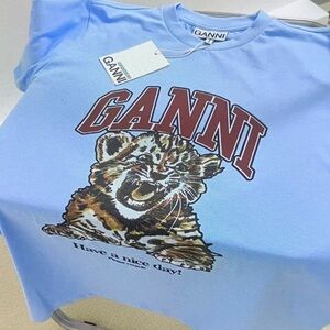 Ganni Blue Tee with Tiger Graphic